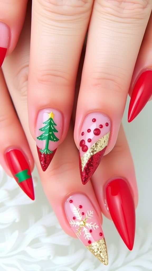 Festive stiletto nails with Christmas designs including snowflakes and trees in red and green.